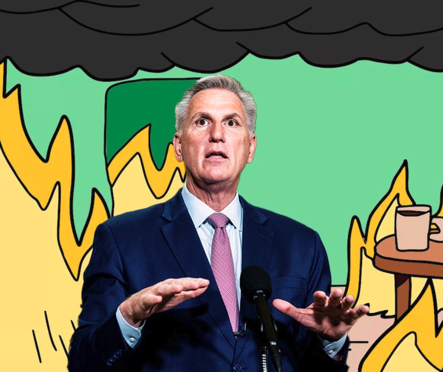 Kevin McCarthy is shown, holding his hands while speaking. Around him, a cartoon house is aflame. The imagine is similar to the 
